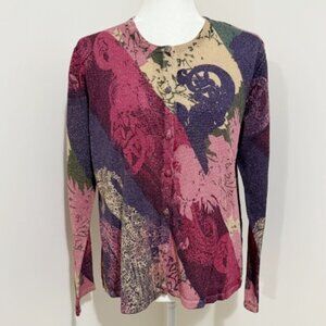 Koret Metallic Floral Paisley Knit Cardigan Shimmer Long Sleeve Sweater Size PL